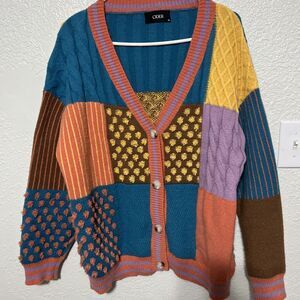 Woman’s Cider Patchwork Coogi Style Button Up Sweater Size M, Fits L Or XL